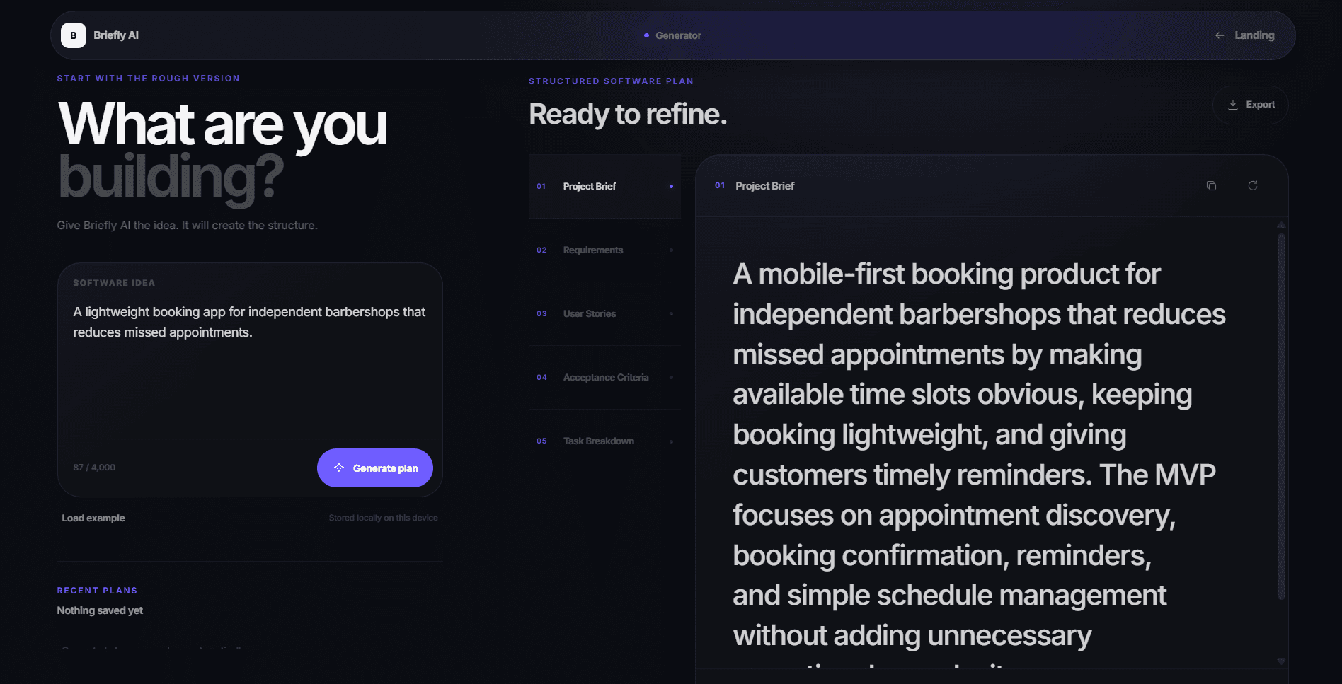 Briefly AI application interface
